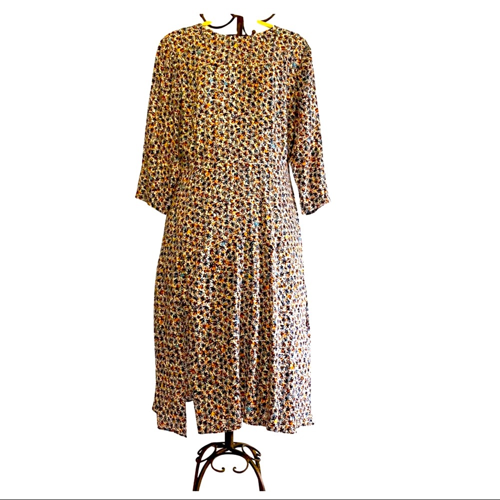 LOFT dress floral white blue brown gold 10 slit midi flowing fabric.